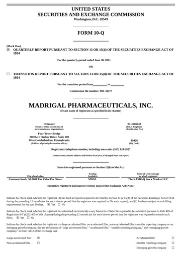 Miniature Madrigal Pharmaceuticals
 Rapport trimestriel 2021-q2