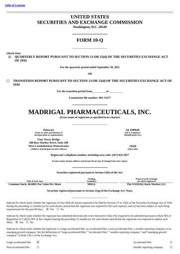Miniature Madrigal Pharmaceuticals
 Rapport trimestriel 2021-q3