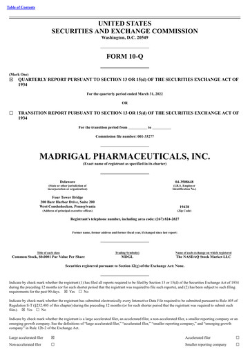 Miniature Madrigal Pharmaceuticals
 Rapport trimestriel 2022-q1