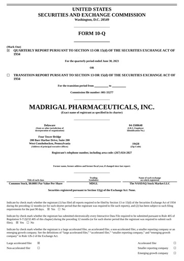 Miniature Madrigal Pharmaceuticals
 Rapport trimestriel 2023-q2