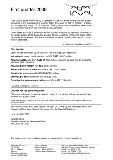 Thumbnail Alfa Laval
 Quarterly Report 2009-q1