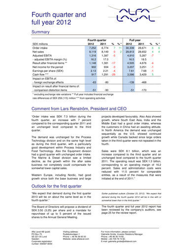 Thumbnail Alfa Laval
 Quarterly Report 2012-q4
