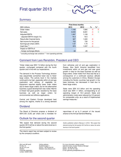 Thumbnail Alfa Laval
 Quarterly Report 2013-q1