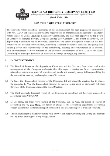 Thumbnail Tsingtao Quarterly Report 2007-9m