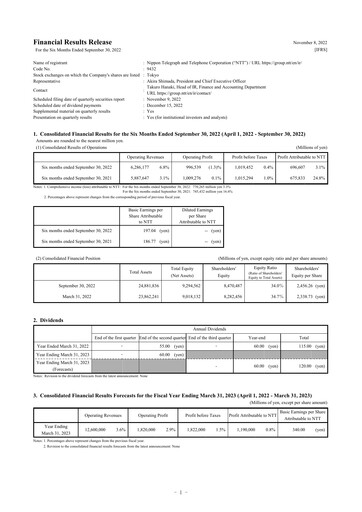 Thumbnail NTT (Nippon Telegraph & Telephone)

 Half-year Report 2022-h1