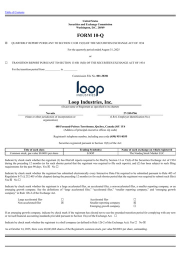 Thumbnail Loop Industries
 Quarterly Report 2026-q2
