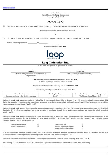 Thumbnail Loop Industries
 Quarterly Report 2026-q3