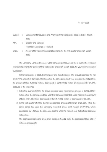 Thumbnail Land and Houses Quarterly Report 2025-q1