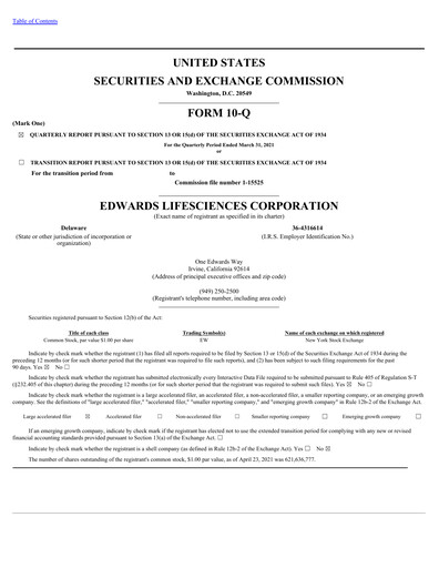 Thumbnail Edwards Lifesciences Quarterly Report 2021-q1