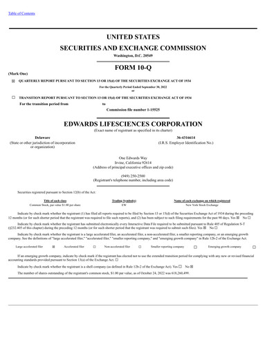Thumbnail Edwards Lifesciences Quarterly Report 2022-q3
