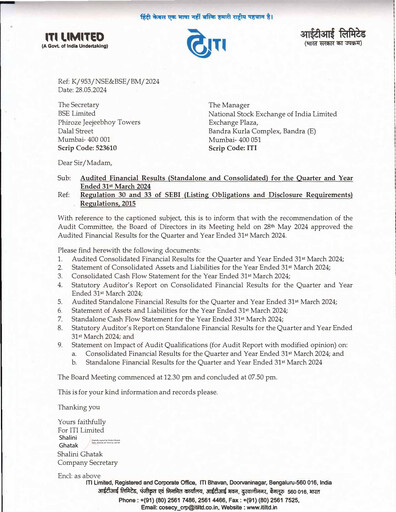 Vorschaubild Indian Telephone Industries Finanzmitteilung 2023-2024