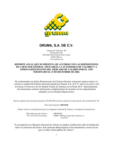 Vorschaubild Gruma (Maseca)
 Jahresbericht 2002