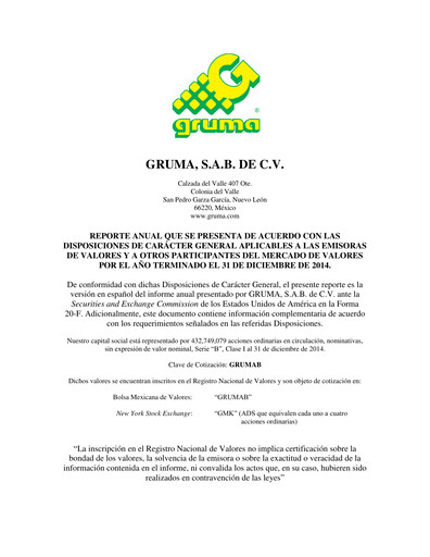 Vorschaubild Gruma (Maseca)
 Jahresbericht 2014