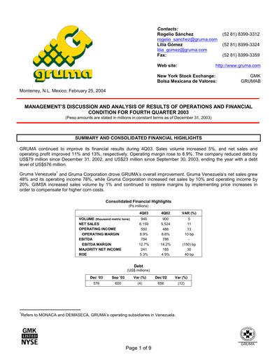 Vorschaubild Gruma (Maseca)
 Finanzmitteilung 2003