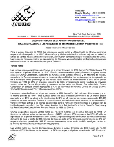 Vorschaubild Gruma (Maseca)
 Quartalsbericht 1998-q1