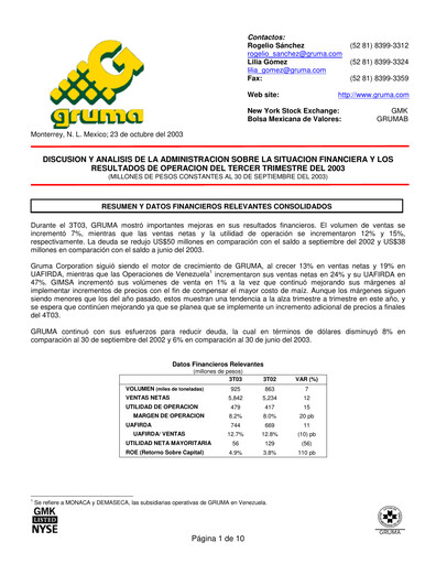 Vorschaubild Gruma (Maseca)
 Quartalsbericht 2003-q3