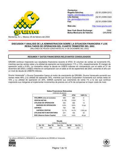 Vorschaubild Gruma (Maseca)
 Quartalsbericht 2003-q4
