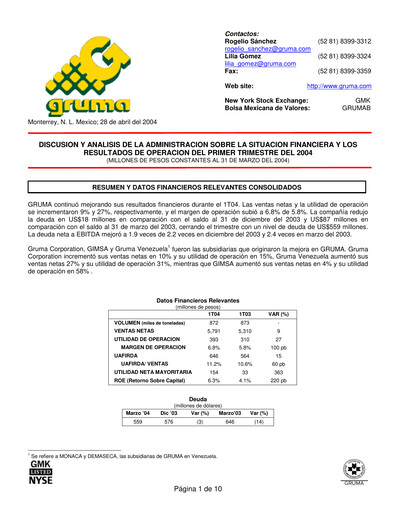 Vorschaubild Gruma (Maseca)
 Quartalsbericht 2004-q1