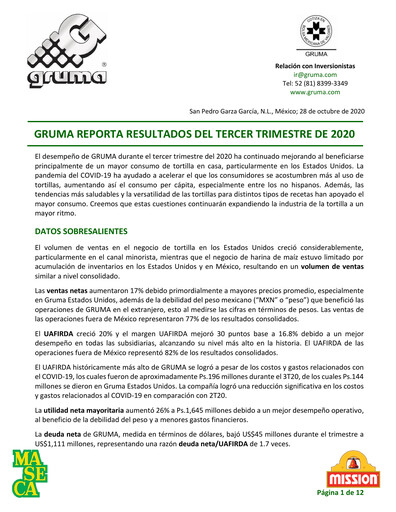 Vorschaubild Gruma (Maseca)
 Quartalsbericht 2020-q3