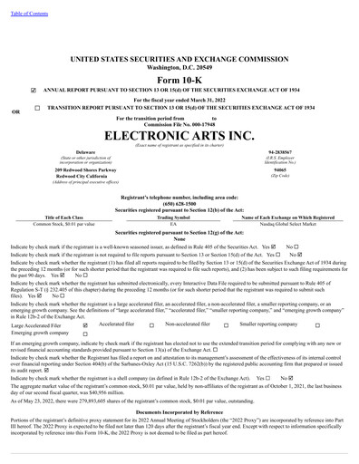 Thumbnail Electronic Arts Annual Report 2022