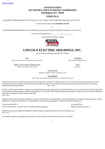 Thumbnail Lincoln Electric
 Quarterly Report 2015-q3