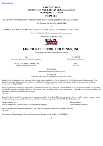 Thumbnail Lincoln Electric
 Quarterly Report 2016-q2
