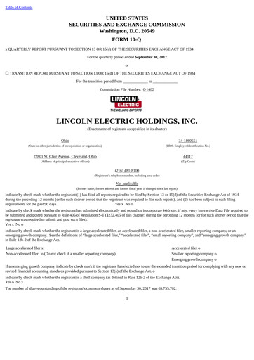 Thumbnail Lincoln Electric
 Quarterly Report 2017-q3