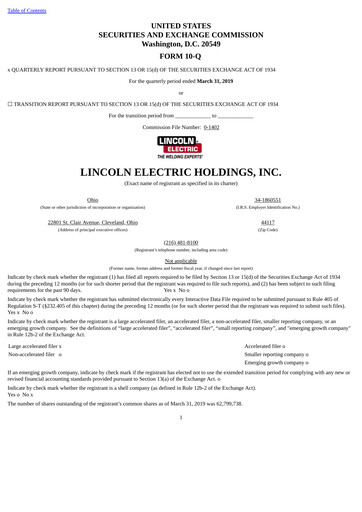 Thumbnail Lincoln Electric
 Quarterly Report 2019-q1