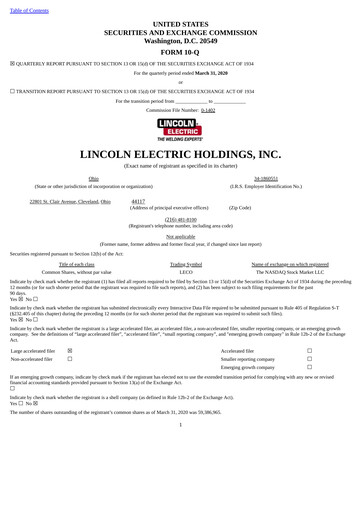 Thumbnail Lincoln Electric
 Quarterly Report 2020-q1