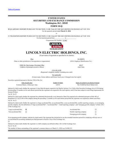 Thumbnail Lincoln Electric
 Quarterly Report 2024-q1