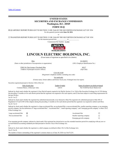 Thumbnail Lincoln Electric
 Quarterly Report 2024-q2