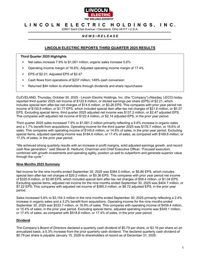 Thumbnail Lincoln Electric
 Quarterly Report 2025-q3