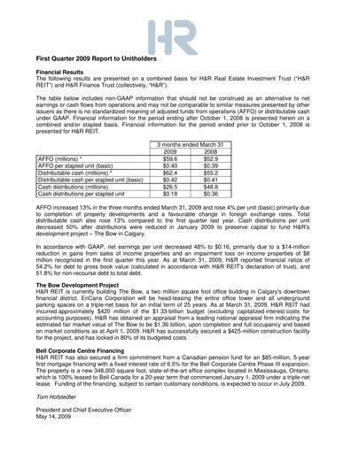 Miniature H&R REIT Rapport trimestriel 2009-q1