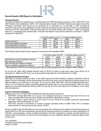 Miniature H&R REIT Rapport trimestriel 2009-q2