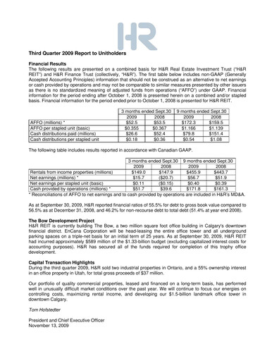 Miniature H&R REIT Rapport trimestriel 2009-q3