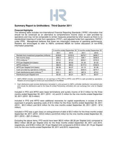 Miniature H&R REIT Rapport trimestriel 2011-q3