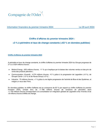 Thumbnail Compagnie de l'Odet Quarterly Report 2024-q1