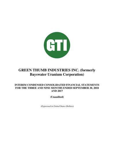 Thumbnail Green Thumb Industries Quarterly Report 2018-q3