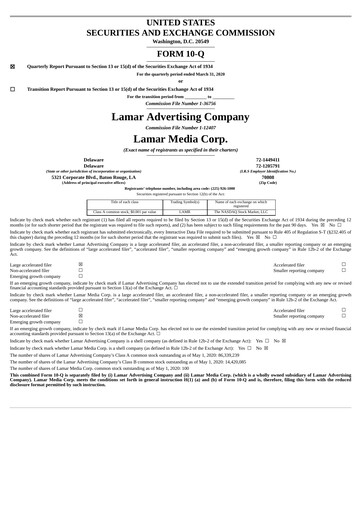 Thumbnail Lamar Advertising Quarterly Report 2020-q1