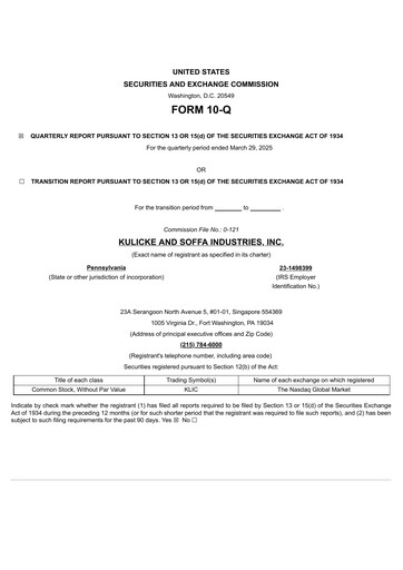 Miniature Kulicke and Soffa Industries Rapport trimestriel 2025-q2