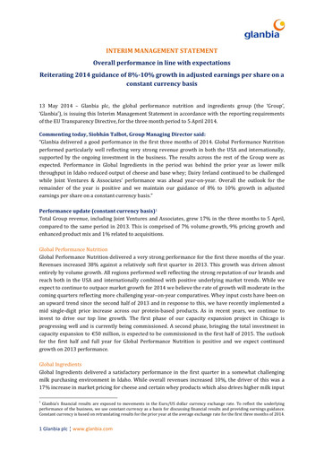 Thumbnail Glanbia plc Quarterly Report 2014-q1
