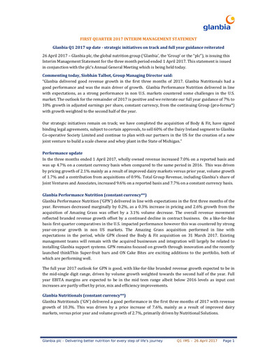 Thumbnail Glanbia plc Quarterly Report 2017-q1