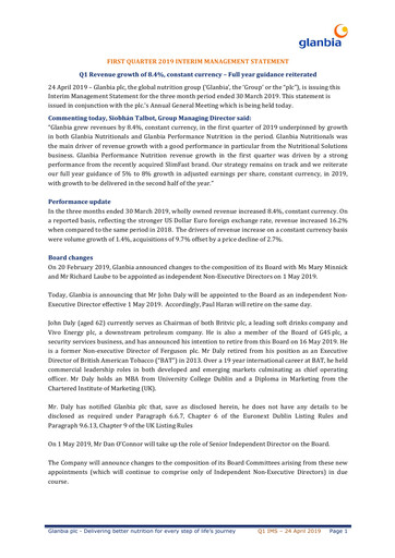 Thumbnail Glanbia plc Quarterly Report 2019-q1