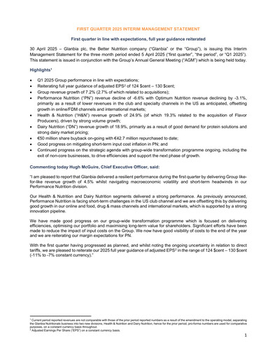 Thumbnail Glanbia plc Quarterly Report 2025-q1