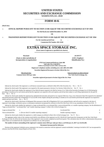 Miniature Extra Space Storage
 Rapport annuel 2016