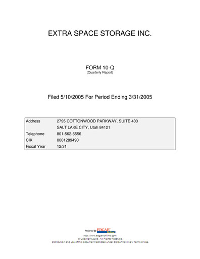 Thumbnail Extra Space Storage
 Quarterly Report 2005-q1