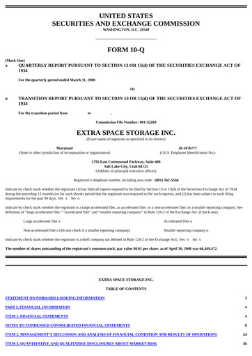 Thumbnail Extra Space Storage
 Quarterly Report 2008-q1