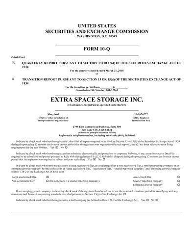 Thumbnail Extra Space Storage
 Quarterly Report 2018-q1