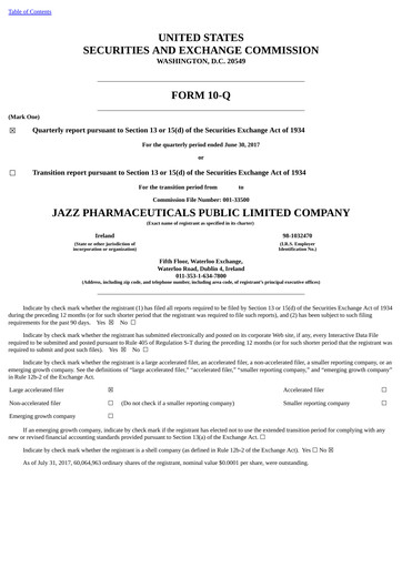 Thumbnail Jazz Pharmaceuticals Quarterly Report 2017-q2