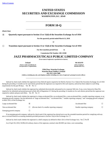 Thumbnail Jazz Pharmaceuticals Quarterly Report 2018-q1